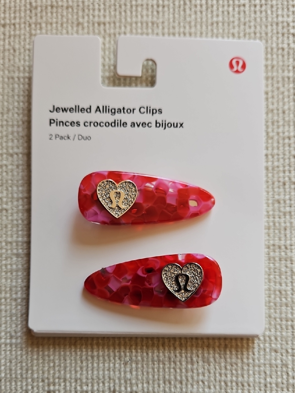lululemon pink red Jeweled Heart Alligator Clips